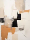 Geometrische abstracte compositie met zwarte en beige rechthoekige vlakken en oranje accent.