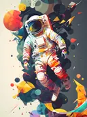 Geometrische astronaut in zwevende vorm, popart astronaut tussen geometrische vormen