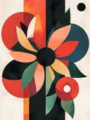 Bloemenschilderij met geometrische bloem in rood en teal