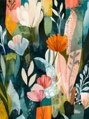 Geometrisch collage schilderij met oranje, roze, witte en paarse bloemvormen