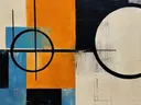Geometrische blokken en cirkels in oranje en blauw, landschap schilderij