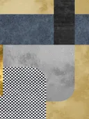 Geometrisch schilderij met blokken in goud en marineblauw