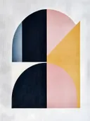 Abstract schilderij met geometrische boogvormen in blauw en roze
