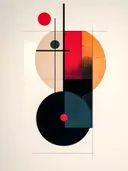 Abstract geometrisch schilderij met cirkelconstructie in rood en oker