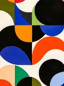 Geometrische cirkels in blauw en oranje, landschap schilderij