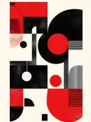 Grafisch schilderij met cirkels en strepen in rood en zwart