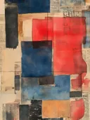 Geometrische collage met blauwe en rode vlakken op een krantenpapier achtergrond
