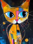 Geometrisch geschilderde oranje kat met blauwe ogen op zwarte achtergrond