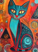 Gestileerde turquoise kat met rode omtreklijnen op een oranje achtergrond met geometrische vormen