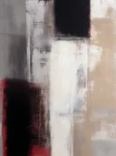 Grafisch schilderij met geometrische vlakken in grijs en een rode rand