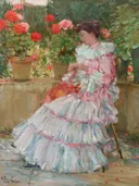 (Geraniums044355) van Childe Hassam: figuren met vrouw, geraniums, bloemen en terras, in roze en rood