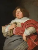 Gerard Andriesz Bicker (1622 66), Lord of Engelenburg. High Bailiff of Muiden van Bartholomeus van der Helst: portret met jonge man, rode mantel, kant en zittend, in rood en grijs
