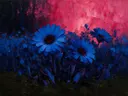 Gerbera aan de bosrand in kobaltmagenta, schilderij van gerbera tegen de lucht