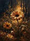Gerbera aan de bosrand in kopergloed, schilderij van gerbera aan de bosrand
