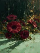 Gerbera aan de bosrand in wijnmint, schilderij van gerbera tegen de lucht