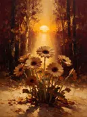 Gerbera aan de bosrand in zandduin, schilderij van gerbera aan de bosrand