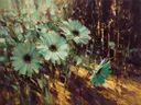 Gerbera aan de bosrand in zeegroen, schilderij van gerbera aan de bosrand