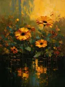 Gerbera aan de oever in saffraan, schilderij van gerbera aan de oever