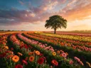 Landschapsfoto van gerbera bij het gouden uur, met een statige eik