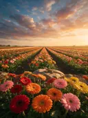 Landschapsfoto van gerbera bij het gouden uur, met een hagedis