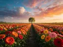 Landschapsfoto van gerbera bij het gouden uur, met een treurwilg