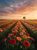 Landschapsfoto van gerbera bij het gouden uur, met twee uilen op een paal