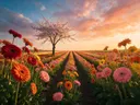 Landschapsfoto van gerbera bij het gouden uur, met een bloesemboom