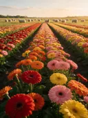 Landschapsfoto van gerbera bij het gouden uur, met een kudde schapen