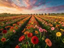 Landschapsfoto van gerbera bij het gouden uur, met een rij bijenkorven