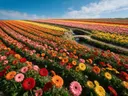 Landschapsfoto van gerbera bij volle zon, met een stenen bruggetje