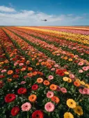 Landschapsfoto van gerbera bij volle zon, met een helikopter boven de horizon