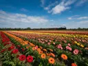 Landschapsfoto van gerbera bij volle zon, met een stoomtrein in de verte