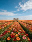 Landschapsfoto van gerbera bij volle zon, met een houten poort bij de ingang van het veld