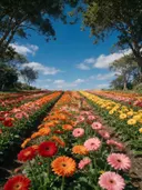 Landschapsfoto van gerbera bij volle zon, met een reekalfje