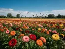 Landschapsfoto van gerbera bij volle zon, met zwaluwen laag over de bloemen