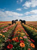 Landschapsfoto van gerbera bij volle zon, met twee paarden die elkaar aankijken