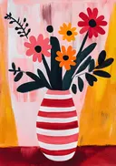 Schilderij van gerbera's in een gestreepte vaas