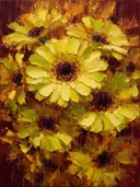 Schilderij van gerbera in citroen, in vlakke kleurvlakken