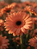 Macrofotografie van dauwdruppels op gerbera, gouden gloed, koraaloranje