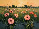Gerbera in de weide in groenroze, schilderij van gerbera