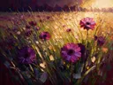 Gerbera in de weide in violet, schilderij van gerbera onder een storm