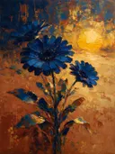 Gerbera in diepblauw, schilderij van gerbera op de helling