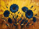 Gerbera in groepjes in blauwgeel, schilderij van gerbera