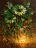 Gerbera in groepjes in bosgroen, schilderij van gerbera