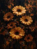Gerbera in groepjes in kopergloed, schilderij van gerbera aan de bosrand