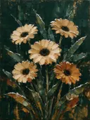 Gerbera in groepjes in zandduin, schilderij van gerbera aan de bosrand