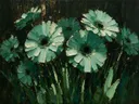 Gerbera in groepjes in zeegroen, schilderij van gerbera aan de bosrand