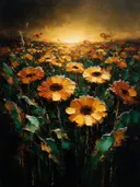 Gerbera in het landschap in bosgroen, schilderij van gerbera