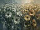 Schilderij van gerbera in het landschap in saliegrijs, in vlakke kleurvlakken