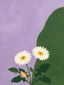 Schilderij van gerbera in lila en mosgroen, in vlakke kleurvlakken